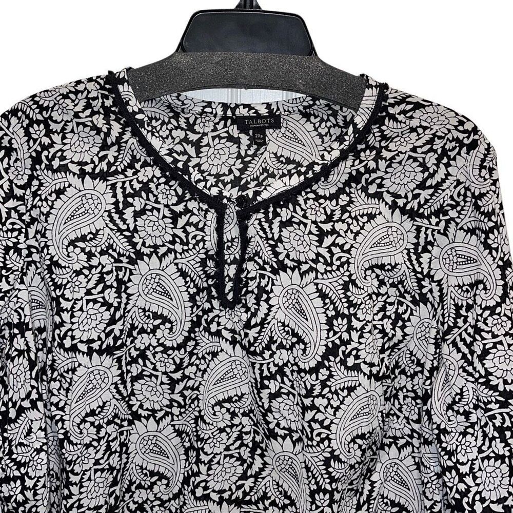Talbots PAISLEY POPOVER Tunic Top Cotton Size 2Xp Black White Boho - Picture 3 of 8
